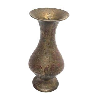 Antique Solid Brass Vioni Etched Vase 4 Inches Tall Home Decor Collectible
